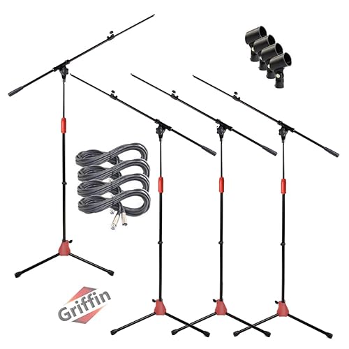 GRIFFIN 4 Pack Telescoping Microphone Boom Stands (StageLOCK Series) with XLR Mic Cables & Clips - Tripod Base for Studio, Live Karaoke, Conferences