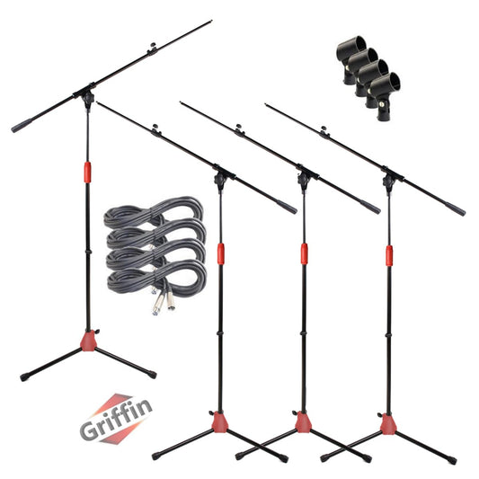 GRIFFIN 4 Pack Telescoping Microphone Boom Stands (StageLOCK Series) with XLR Mic Cables & Clips - Tripod Base for Studio, Live Karaoke, Conferences