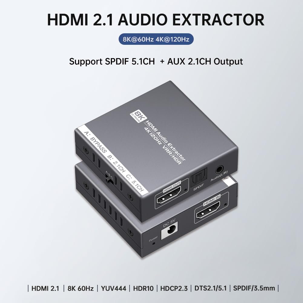 8K HDMI 2.1 Audio Extractor 4K@120Hz/8K@60Hz, HDMI to Optical and 3.5mm Audio Adapter for PS4/5, Fire Stick, Speakers, Headphones, Blu-ray Player