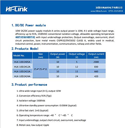 HI-Link 24V to 5V 10W 2000mA DC to DC Isolated Power Module 5v/12v/15v/24v DCDC Switching Power Module (10D2405B,1 Pcs)