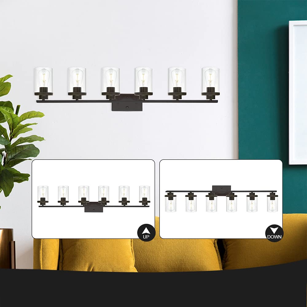 QueeuQ Oil Rubbed Bronze Bathroom Vanity Lights 6 Light, Bronze Vanity Lighting Fixtures with Glass Shade,Industrial Bathroom Light Fixtures Wall