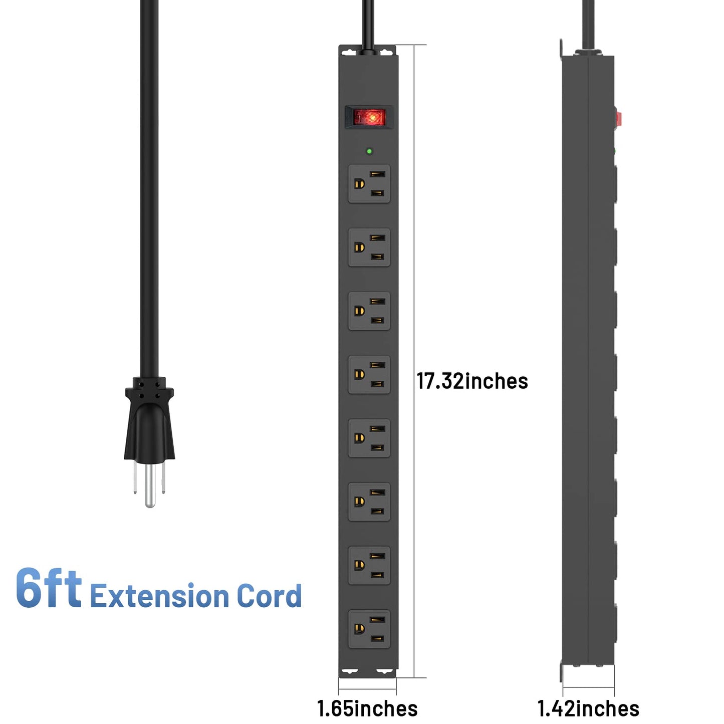 8 Outlet Power Strip Surge Protector, 6 Feet Metal Power Strip Heavy Duty with Switch for Home Office School Shop Garage, Wall Mount with Screw, 2100J