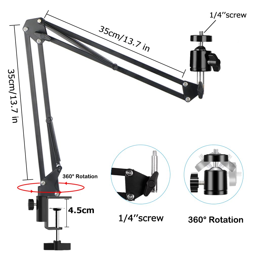 YIYANT Overhead Tripod Mount for Camera Webcam Ring Light, Over Head Articulating Arm with Phone Holder and Ball Head, Desktop Suspension Scissor