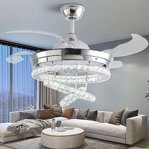 42" Crystal Ceiling Fan with Lights,Modern DIY Crystal Chandelier Ceiling Fan with Remote Control,Invisible Retractable Ceiling Fan for Living Room