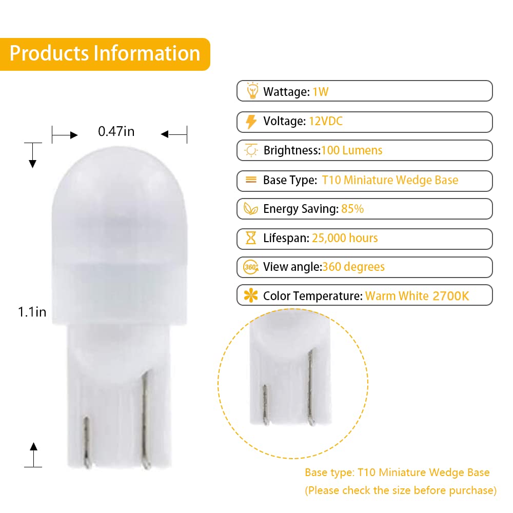 Cheopha T10 T5 Wedge Base Led Bulb 12V Landscape Bulb 1W 2700K 6-Pack