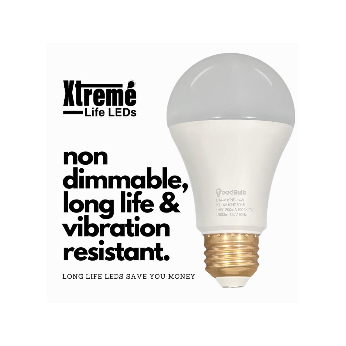 GoodBulb 100 Watt Replacement- 14 Watt Rough Service LED A19 - Pure White - 1600 Lumens - 5000 Kelvin - Non Dimmable - Long-Lasting 25,000 Hours (6