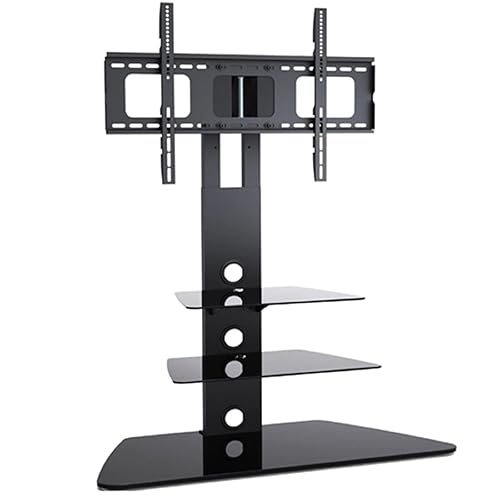 2xhome - TV Stand - Universal Modern TV Stand with Integrated Swivel 35 Degree Monitor Plasma Three 3 Display Black Glass Shelf Surfaces Mount Bracket