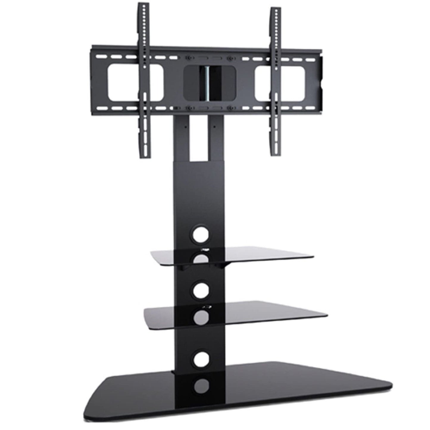 2xhome - TV Stand - Universal Modern TV Stand with Integrated Swivel 35 Degree Monitor Plasma Three 3 Display Black Glass Shelf Surfaces Mount Bracket