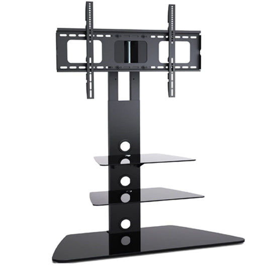 2xhome - TV Stand - Universal Modern TV Stand with Integrated Swivel 35 Degree Monitor Plasma Three 3 Display Black Glass Shelf Surfaces Mount Bracket
