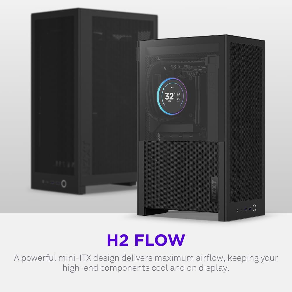 NZXT H2 Flow - Mini-ITX 20.7L High Airflow PC Case - Includes 2 x 120mm Top Fans & PCIe 5.0 Riser Cable - 331mm GPU - 280mm Radiator - Black