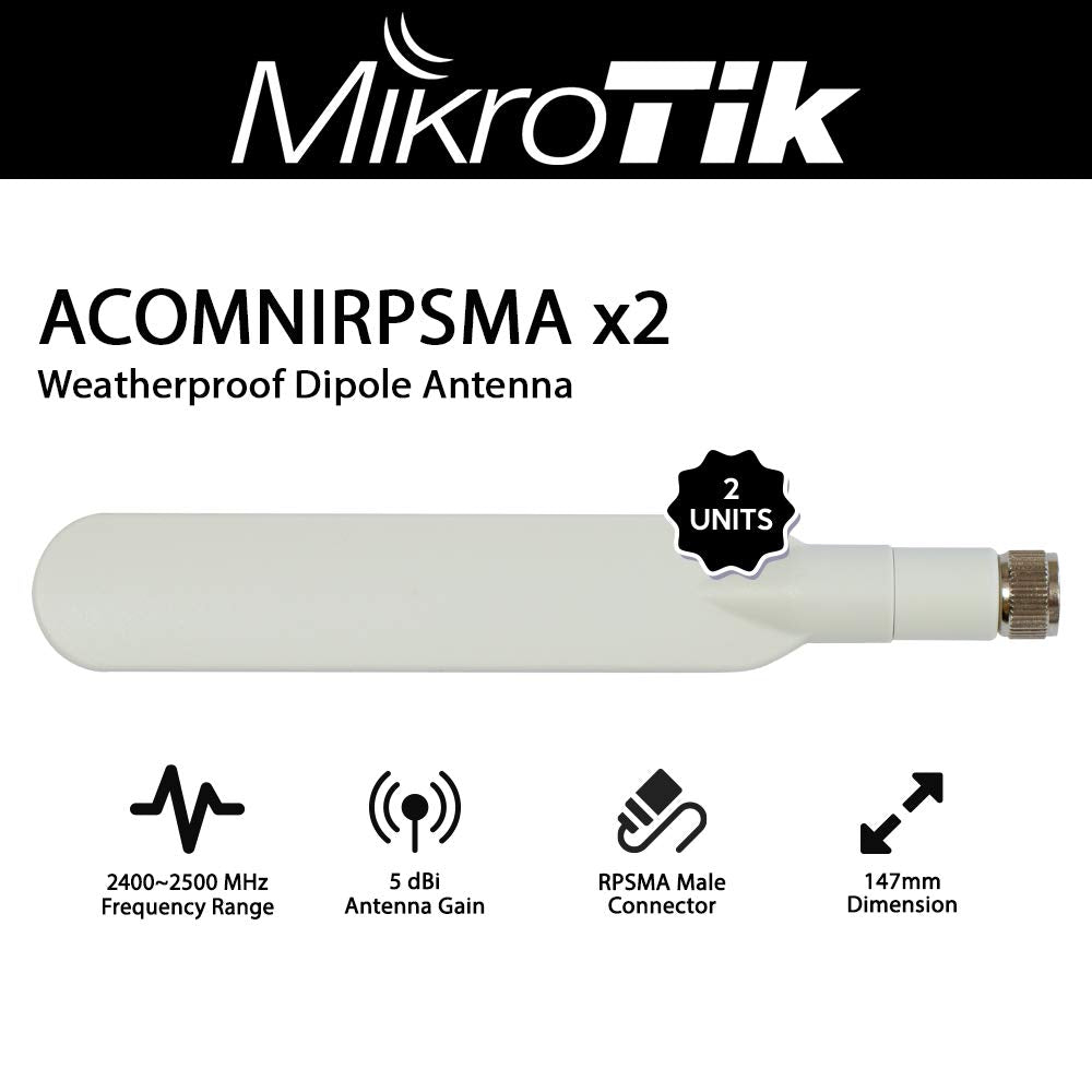 Mikrotik ACOMNIRPSMA (2 UNITS) 2.4Ghz 5dBi Dipole antennas with RPSMA connectors