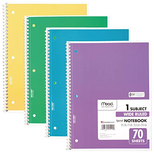 Mead Spiral Notebook, 4 Pack, 1 Subject, Wide Ruled Paper, 7-1/2" x 10-1/2", 70 Sheets per Notebook, Colors Will Vary (930200-ECM25)