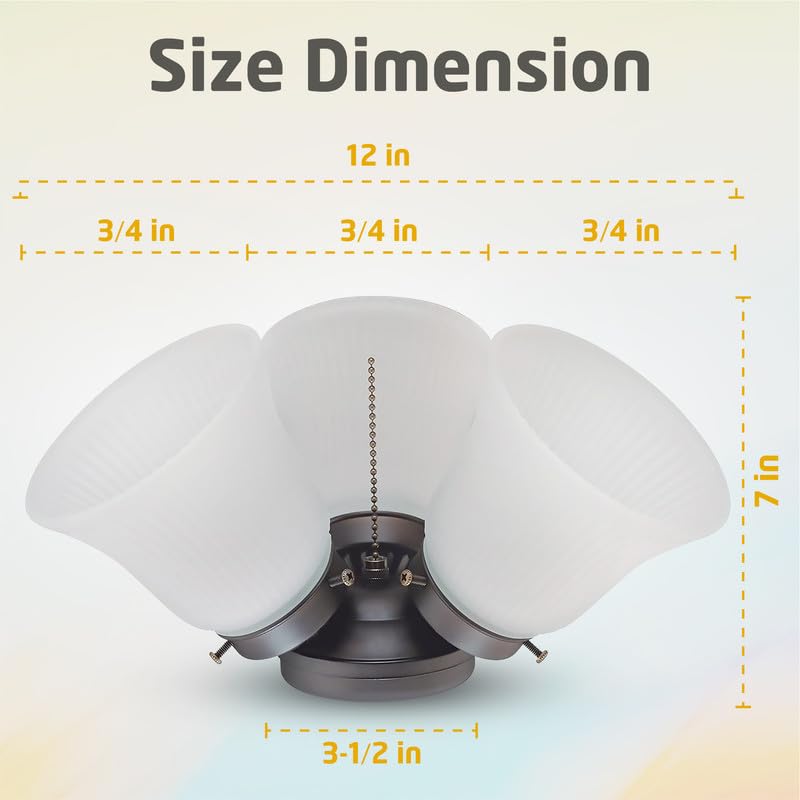 Ciata Modern Ceiling Fan Light Fixture Kit with 3 Frosted Ribbed Glass Bulb Shades and LED Lighting, Energy Efficient, Low Profile Cluster for Bedroom