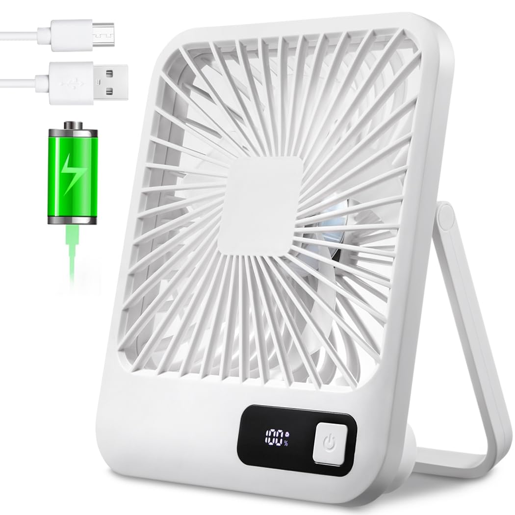 EITVLAGE Small Desk Fan, Portable USB Rechargeable Fan, Tilt Folding Personal Mini Fan with 2000mAh Battery and LCD Display, Strong Wind, Ultra Quiet