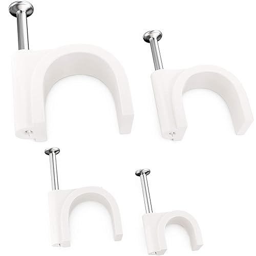 Pro-Grade, Cable Clips with Steel Nails 6mm, 8mm, 10mm, 12mm Size Wire Holders and Tacks 100 Each. Durable, UV Resistant Easy Install Plastic Clips