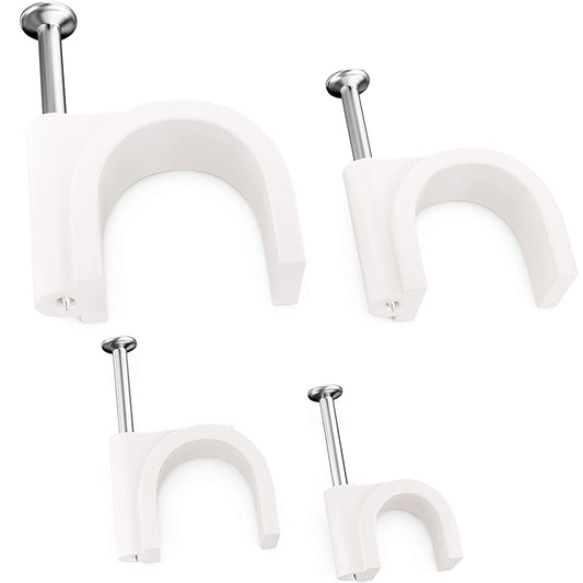 Pro-Grade, Cable Clips with Steel Nails 6mm, 8mm, 10mm, 12mm Size Wire Holders and Tacks 100 Each. Durable, UV Resistant Easy Install Plastic Clips