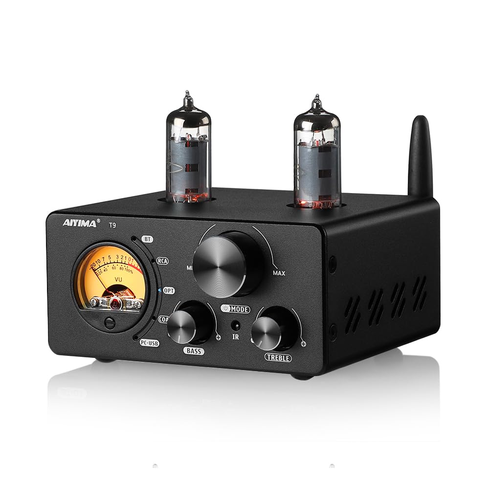 AIYIMA T9 200W Bluetooth Amplifier HiFi Digital Class D Power Amp 2.0/2.1 Channel Vacuum Tube DAC Amp with VU Meter & Bass Treble Bluetooth Coaxial