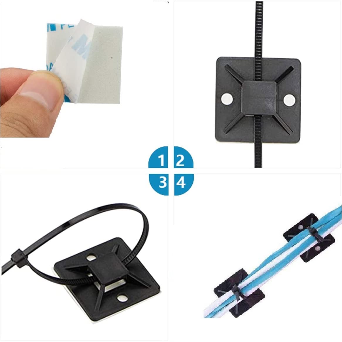 50 Pcs 3M Back-Glue Self Adhesive Cable Zip Tie Mounts Self-adhesive Tie Holders Backed Zip Tie Base Holders for Office Home Cable Wire