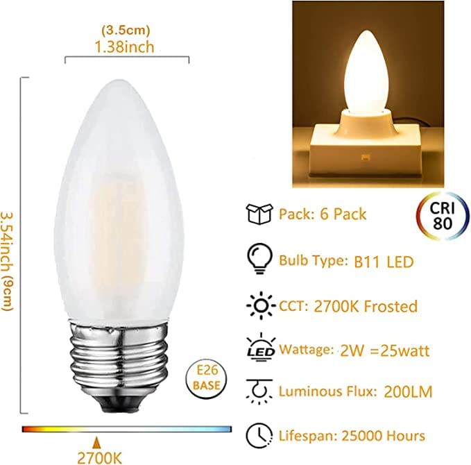 Jacqings E26 Candelabra LED Light Bulbs Frosted Chandelier B11 Torpedo Tip Dimmable 2W 25 Watt Equivalent 2700K Warm White Decorative Candle Bulbs (6