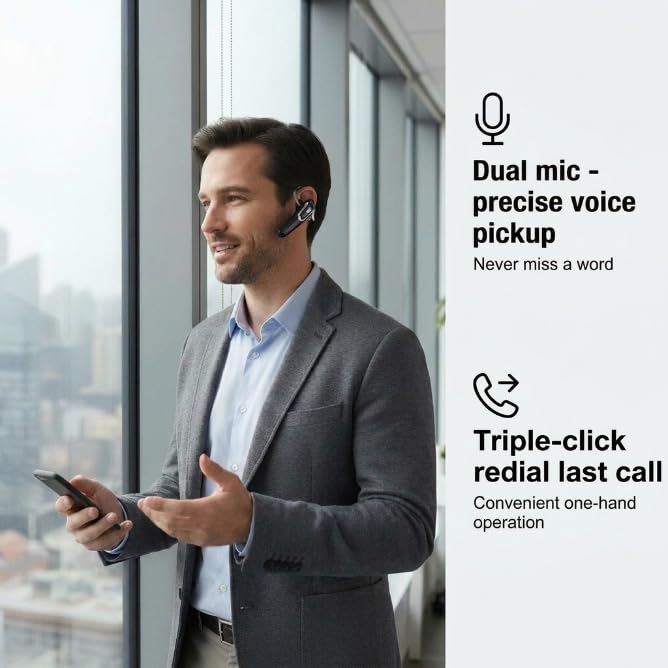 Bluetooth Earpiece Headset V6.0 with Noise Cancelling & 38 Hours Talk Time - Trucker Handsfree Earpiece, Dual Device Pairing, Single Ear Wireless