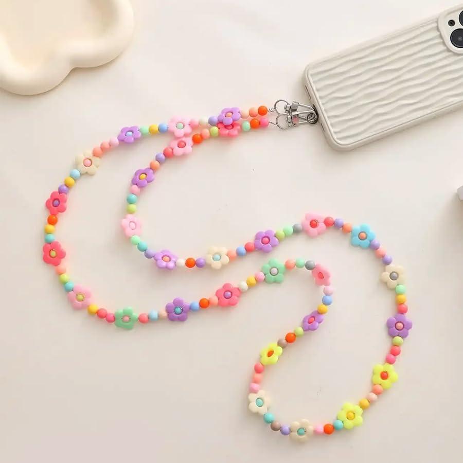 ARFUKA Colorful Flower Acrylic Bead Phone Lanyard Crossbody Anti-Theft Phone Chain Strap, Fits All Phone Cases, Stylish Daily Phone Accessory