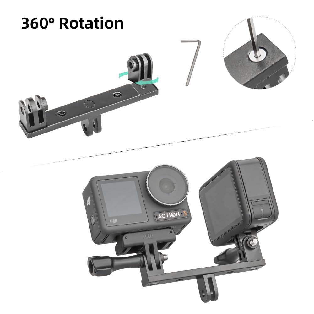 Aluminum Dual Twin Mount Adapter with Two Screw Compatible with DJI Osmo Action 6/5Pro/4/3, GoPro Hero 13/12/11/10/9/8 Black, Campark, AKASO, SJCAM