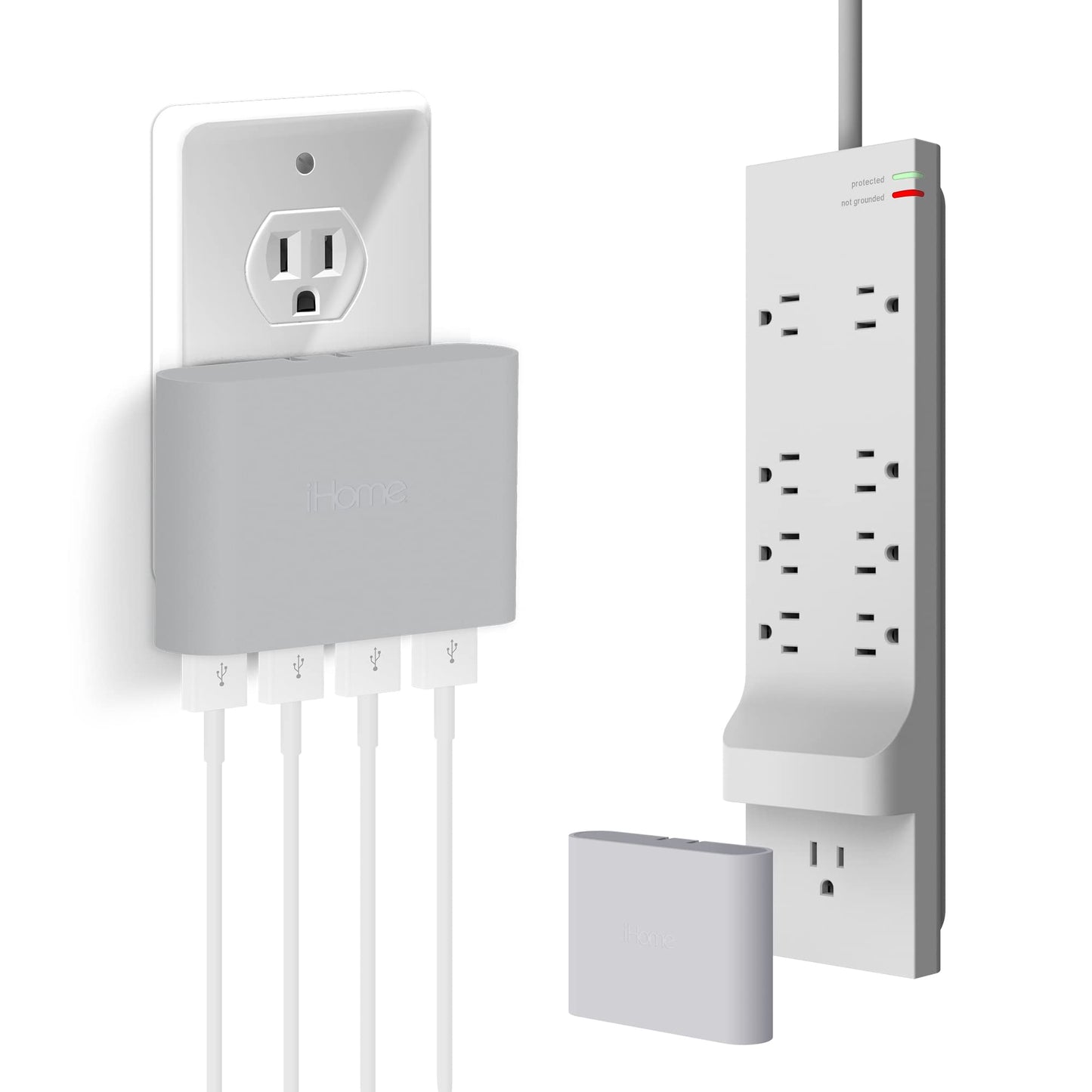 iHome Power Strip Surge Protector & Slim USB Wall Charger Bundle: Detachable 4 Port AC Pro USB Charger & 6 ft Extension Cord Multi Plug Outlet