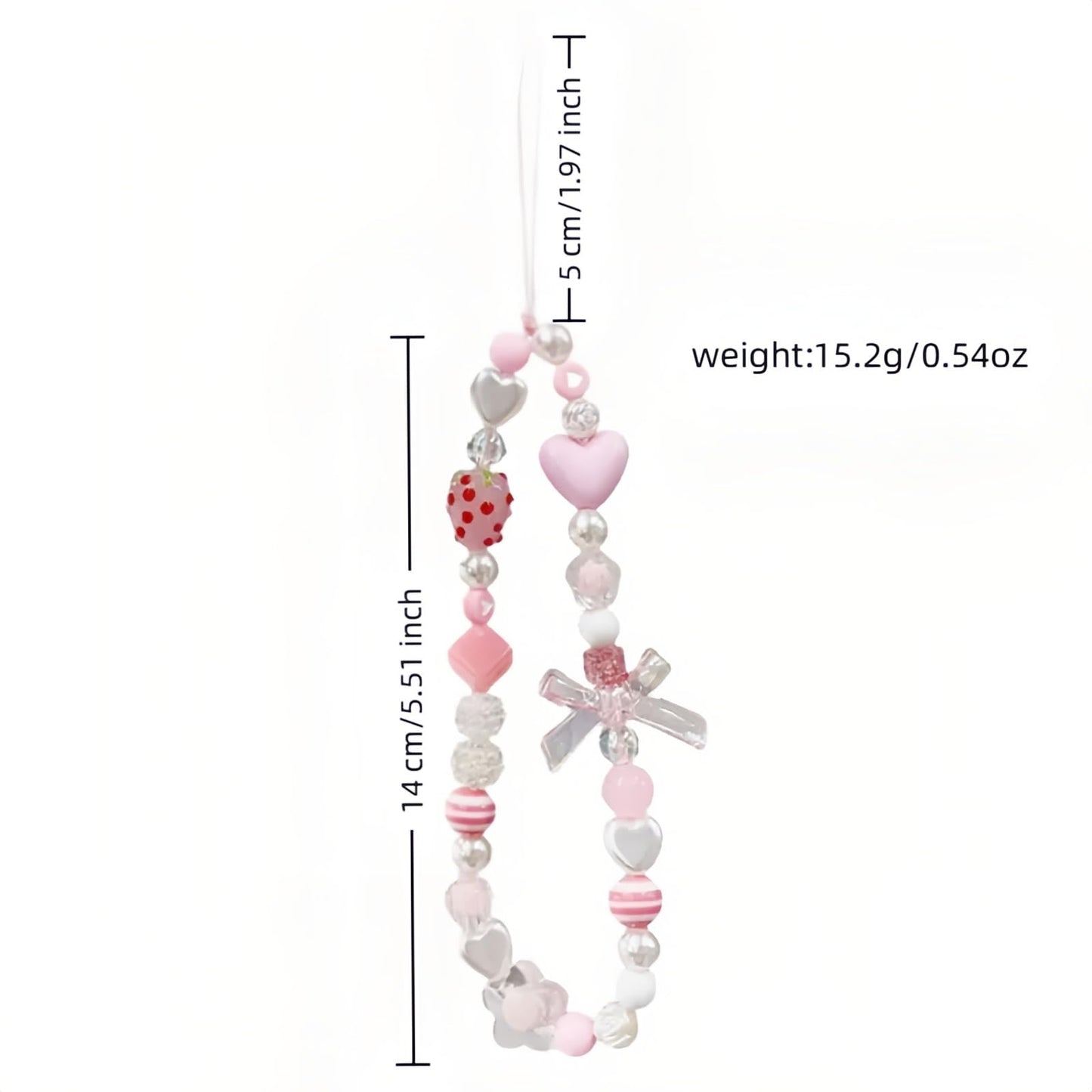 Strawberry Charm Phone Strap & Wristlet - Anti-Loss Sparkle Beaded Lanyard for Phone camera, Cute Kawaii Gift for Women Girls (Pink Pearl Bow), Short