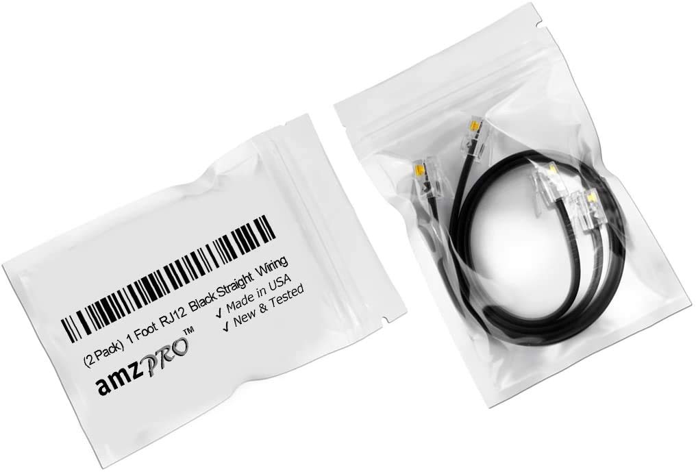 AmzDeals 2-Pack 1 Foot Black RJ12 6P6C Straight Wired Cable, Pro Grade Data and Voice Phone Line Cord - Made in USA