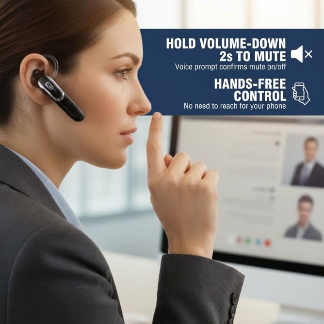 Bluetooth Earpiece Headset V6.0 with Noise Cancelling & 38 Hours Talk Time - Trucker Handsfree Earpiece, Dual Device Pairing, Single Ear Wireless