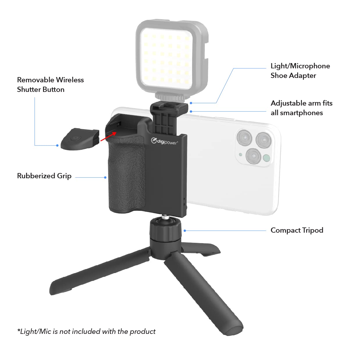 DigiPower Pocket Grip Stabilizer with Wireless Shutter Remote & Table-Top Mini Tripod for Mobile Phone, Works with iPhones & Android Smartphones