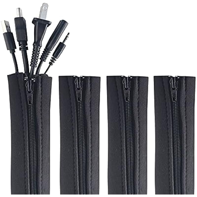 4 PCS Zipper Cable Organizer Sleeves, Cable Management Sleeve for TV and Computer Cords, Black Polyester, Reliable and Easy to Use ?and Effectively