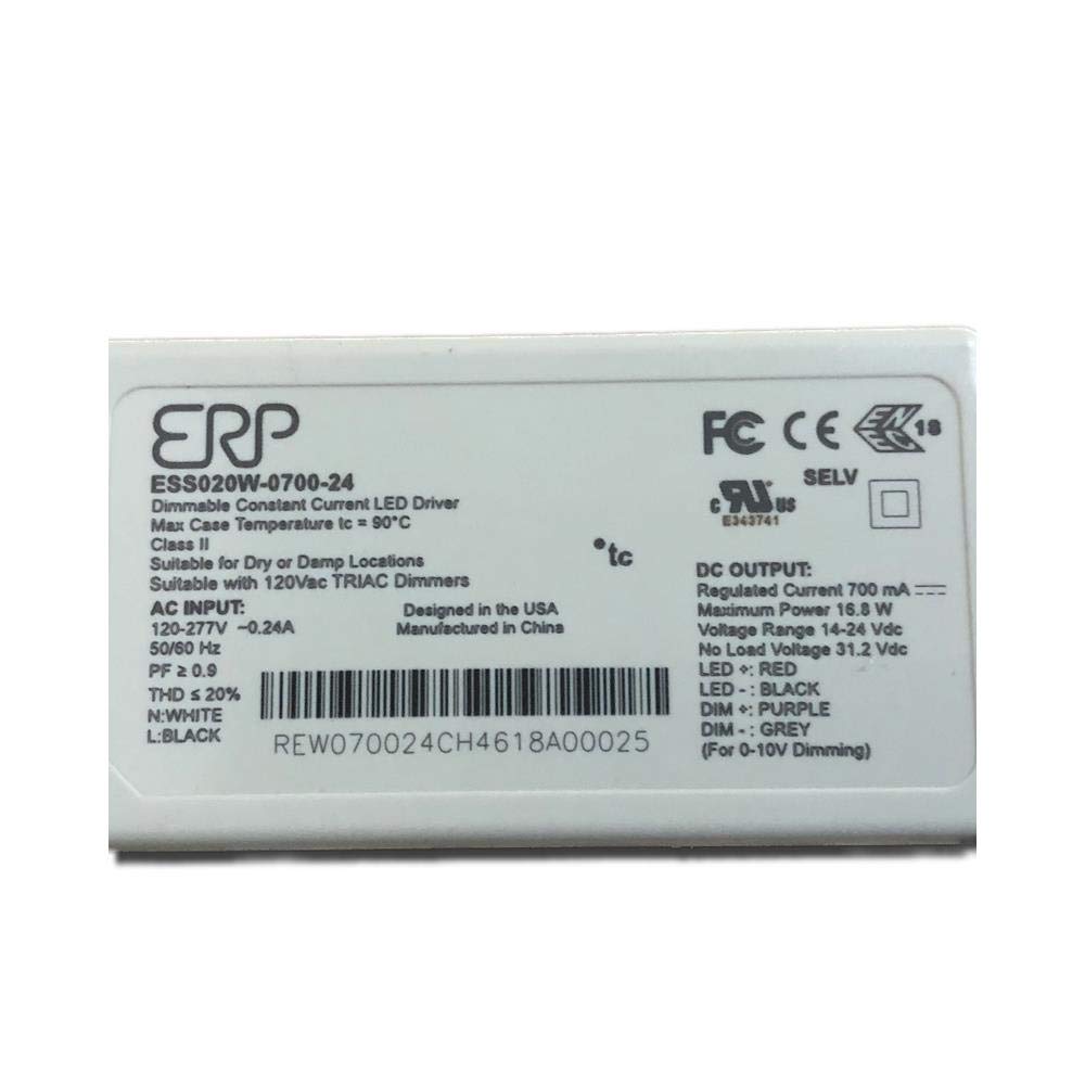 ERP Power ESS020W-0700-24 CC LED Power Supply 120-277 Vac, 87% eff, Rectangular ESS Plastic Case, Forward/Reverse Phase & 0-10V dimming, 1-100% dim