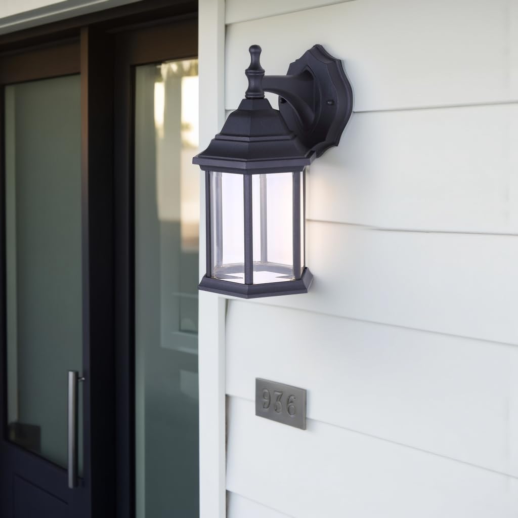 Canarm Dane 1-Light LED Lantern, Black Finish Wall Mount with Clear Glass Panels, Durable Weather-Resistant Outdoor Lighting for Patio, Porch