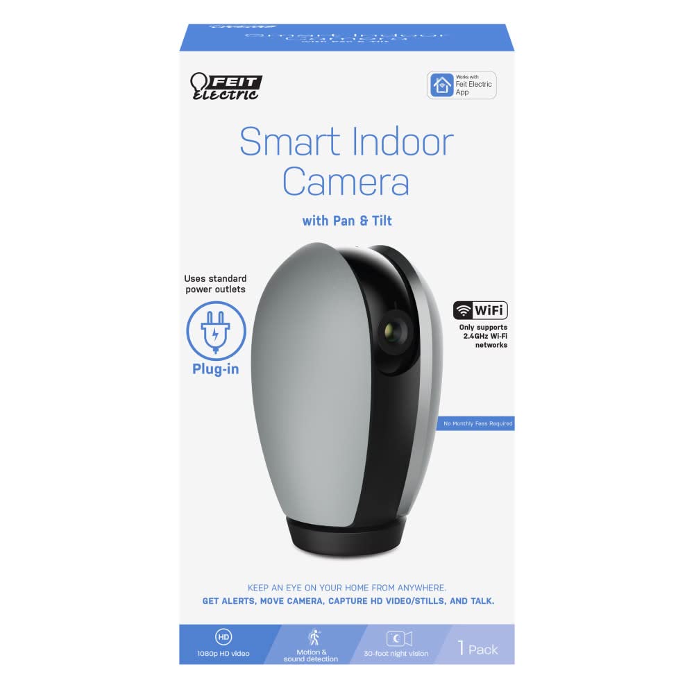 Feit Electric Indoor Security Camera with Motion Detection, 30ft. Night Vision, Pan and Tilt Head, 2.4GHz WiFi, 2-Way Audio, 1080p HD, Works