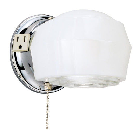 One-Light Classic Wall Fixture with Ground Convenience Outlet and Pull Chain, Chrome Finish Base with White and Crystal Glass