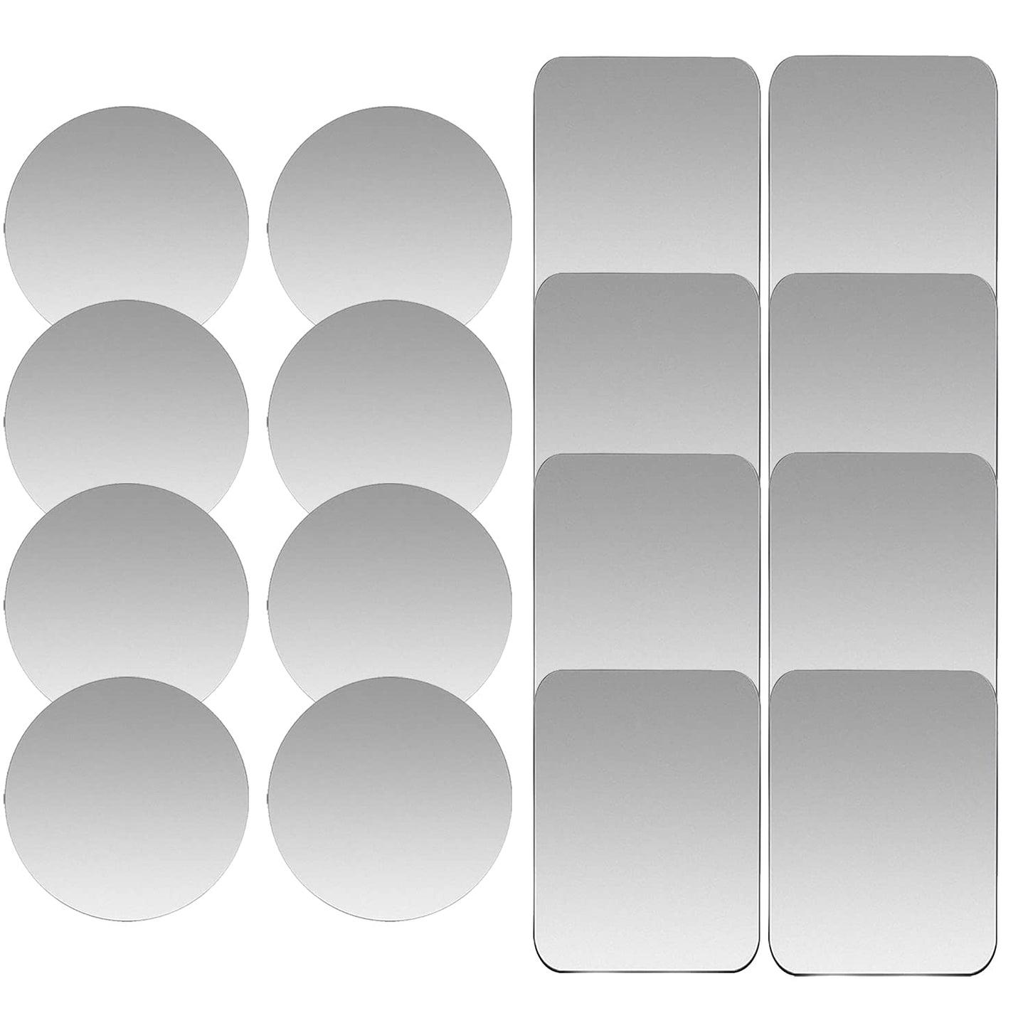 Replacement Metal Plates Set 16 Pack for Magnetic Car Phone Holders, Wall, Air Vent Mounts, Cases, Magnets. Kit of 8 Silver Round and 8 Rectangular