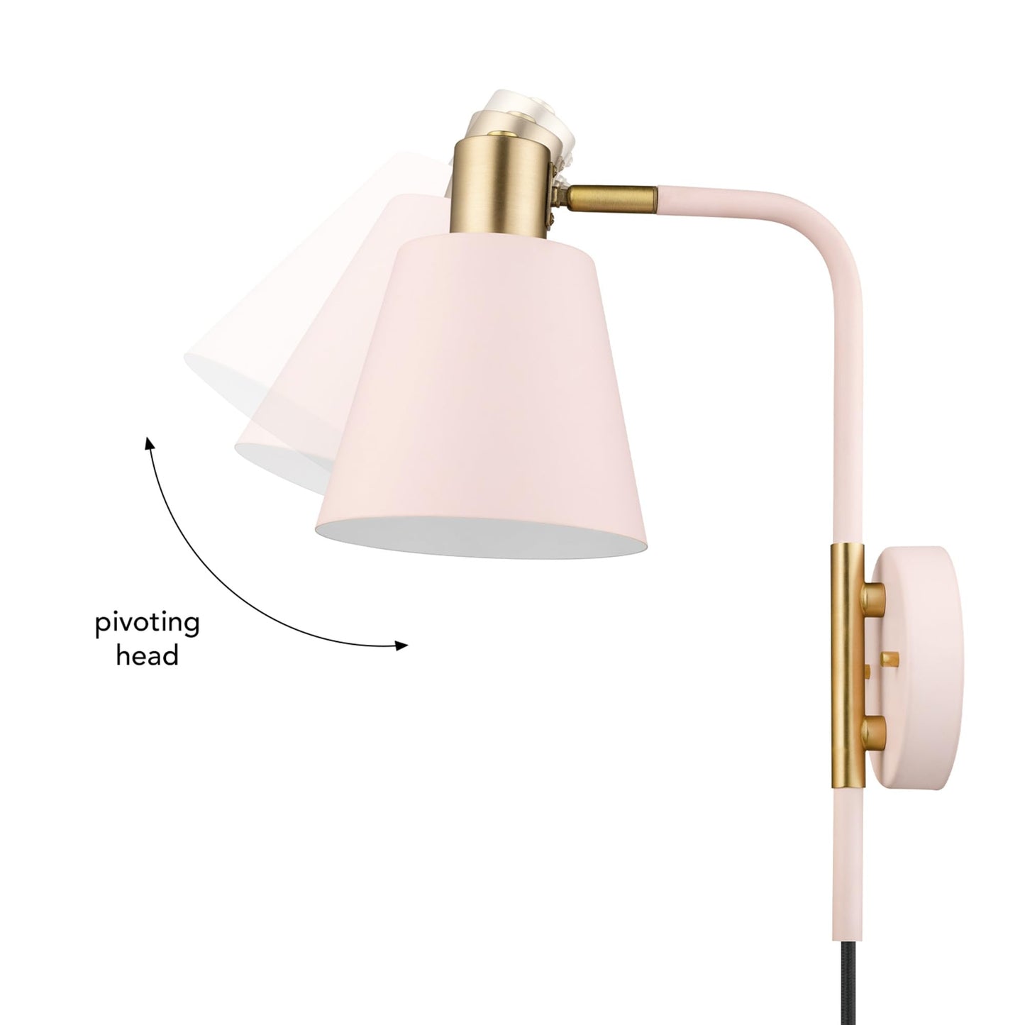 Globe Electric Cleo 1-Light Plug-in or Hardwire Wall Sconce, Blush Pink, Matte Brass Accents, Black Cloth Cord, Bulb Not Included