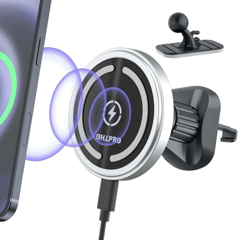 OHLPRO for MagSafe Car Mount Charger iPhone Wireless Car Charger, Stick on Dashboard Magnetic Phone Holder Mount for iPhone 17 Pro Max 16 15 14