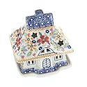 Blue Rose Polish Pottery - Red Daisy House Luminary - 5" x 4.5" - Hand-Painted Polish Pottery Holiday Candle Holder, Unique Christmas Gift & Festive
