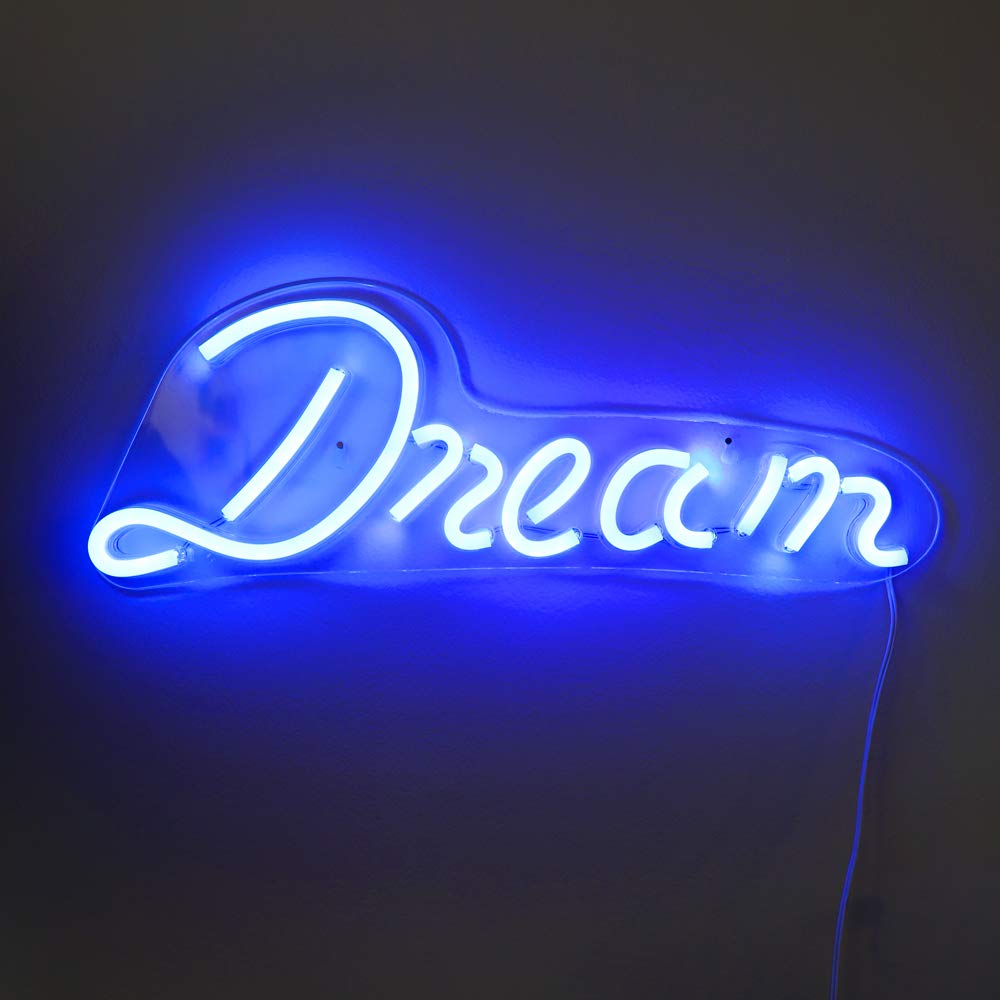 Isaac Jacobs 17" by 6" inch LED Neon Blue “Dream” Wall Sign For Cool Light, Wall Art, Bedroom Decorations, Home Accessories, Party, and Holiday Decor