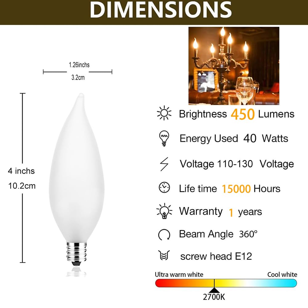 BUBYVV Frosted Flame Tip Chandelier Light Bulb?40W E12 Candelabra Base,Candle Light Bulbs for Chandeliers, Ceiling Fan Lights (6pack) (40W)