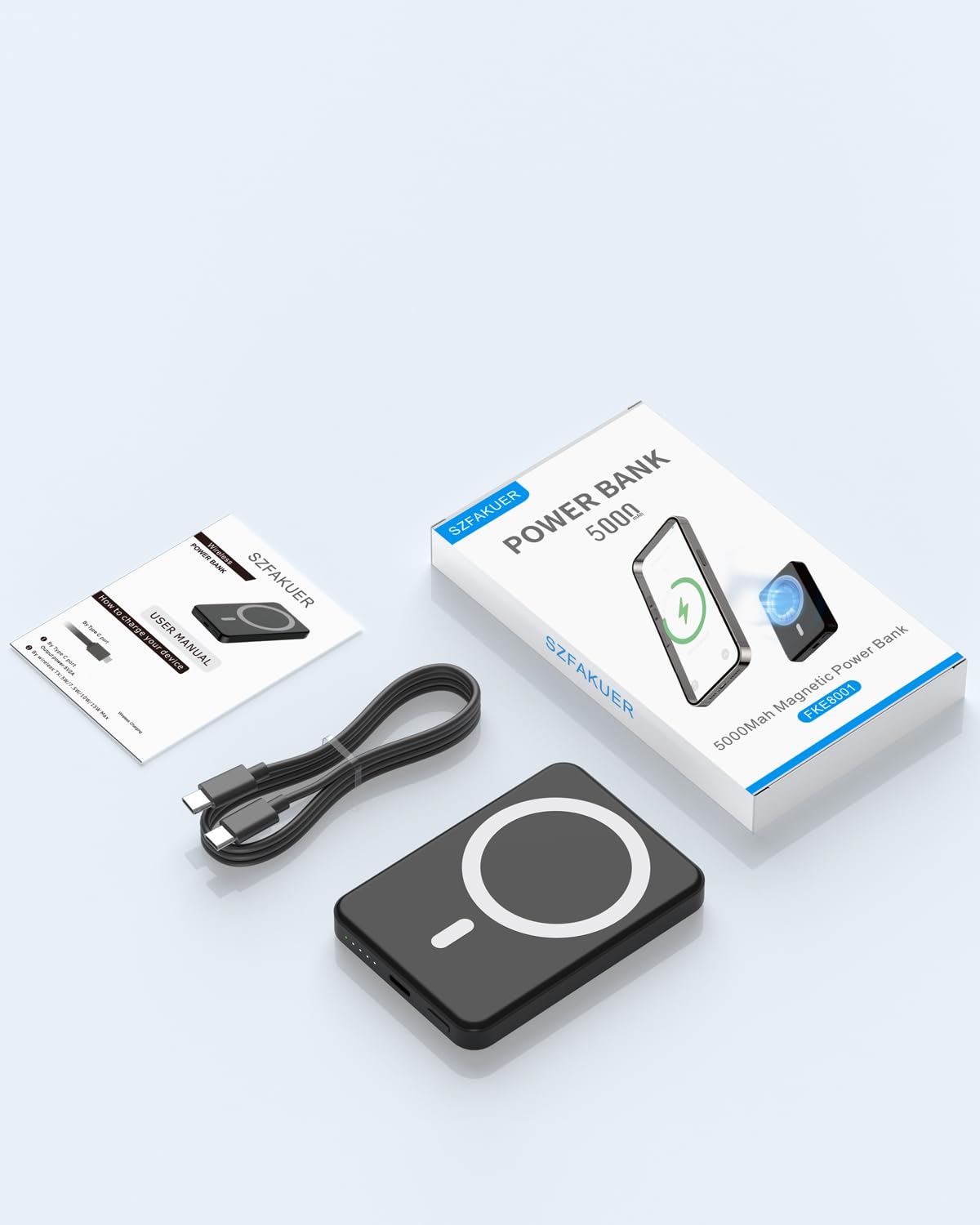 Szfakuer 5000mAh Magnetic Portable Charger, Ultra Slim Magnetic Power Bank with USB-C Cable Compatible with iPhone 17/16/15/14/13/12 Series