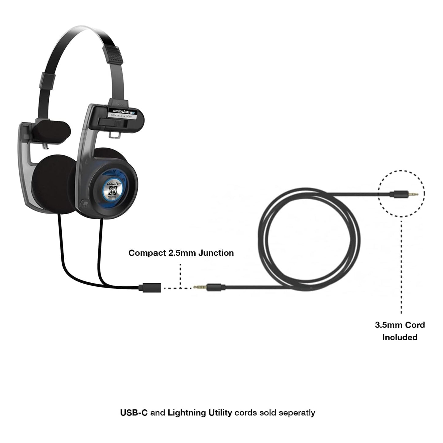 Koss Porta Pro Utility On-Ear Headphones, Detachable Interchangeable Cord System, Collapsible Design, Stealth Grey