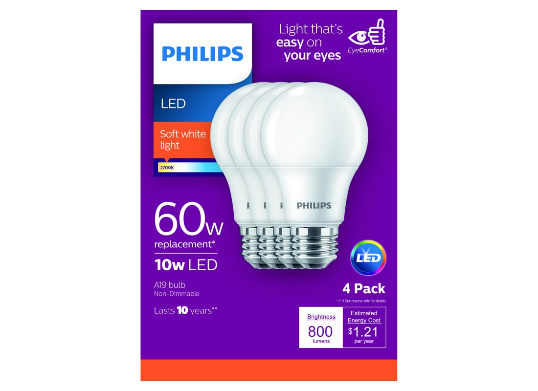 Philips B01AHLY6WO 4pk 8.5W=60W LED Soft White A19 Bulbs