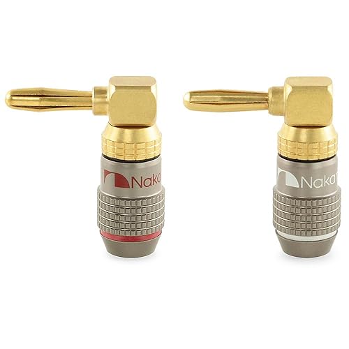 Nakamichi FanLock Excel Series 24k Gold Plated Right-Angle 90 Degree Banana Plug 10 AWG - 18 AWG Gauge Size 4mm for Speakers Amplifier Hi-Fi Home
