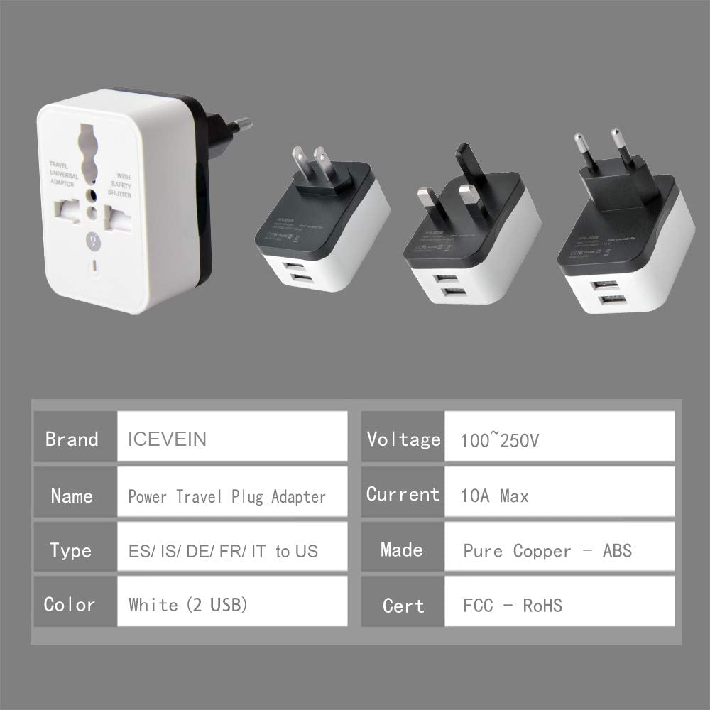 European Power Travel Plug Adapter, Spain Iceland Germany France Italy Power Travel Plug Adapter Converting from Europe to US (2 USB Ports)