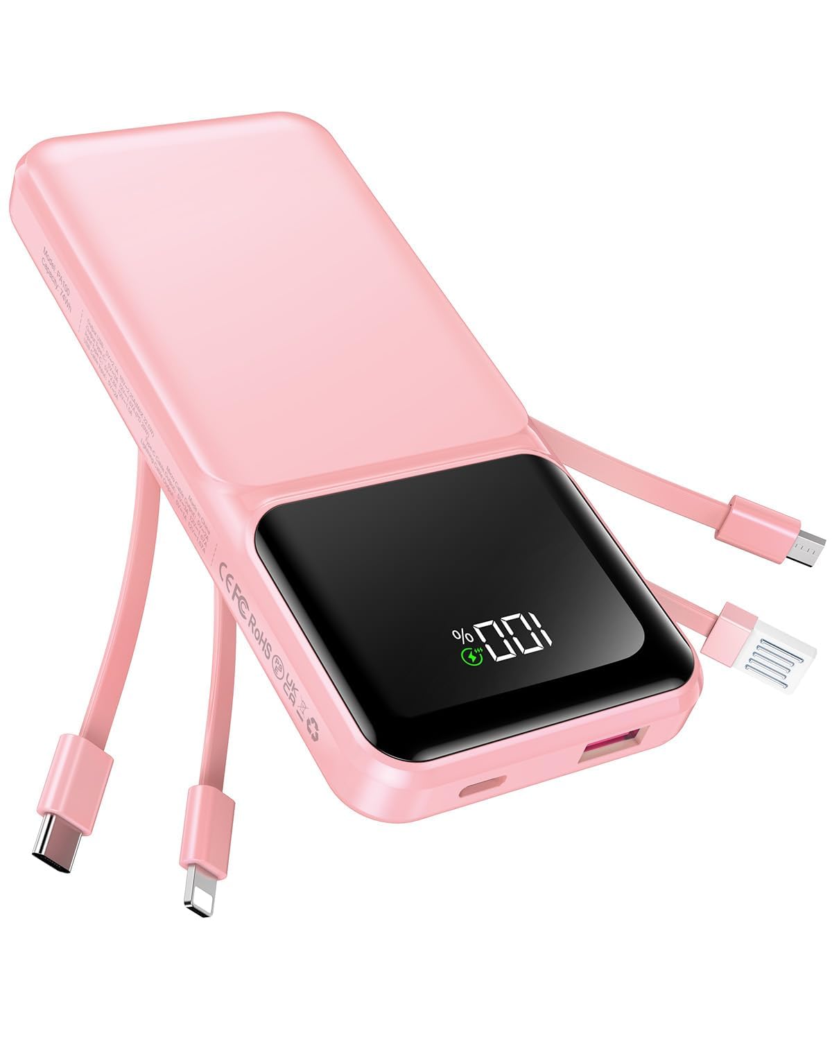 RONEGN Portable Charger with Built in Cable -20000mAh Fast Charging Power Bank USB C Slim 22.5W LED Display Battery Pack 5 Outputs & 3 Inputs