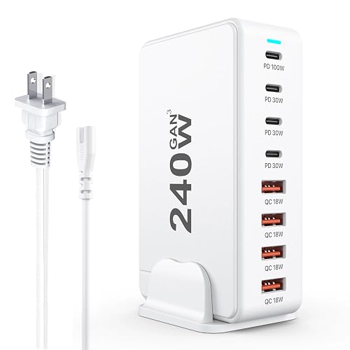 USB C Charger, 240W GaN 8 Port USB Fast Block, PD100W Multi-Port Charging Station, Power Adapter Plug for Samsung/iPhone/Google, Laptop Charger