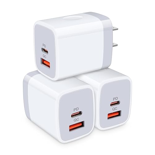 USB C Power Adapter,3Pack 20W 2 Port PD&QC 3.0 Type C Fast Charging Block Wall Charger Compatible for iPhone 17 16e 16 15 14 13 12 11 Pro